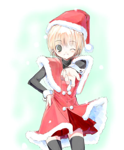 hiide, kinomoto sakura, cardcaptor sakura, lowres, 1990s (style), 1girl, child, christmas, female focus, hat, red hat, retro artstyle, santa costume, solo, thighhighs, zettai ryouiki