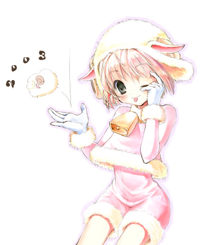 hiide, kinomoto sakura, cardcaptor sakura, fur, lowres, 1990s (style), 1girl, :p, animal ears, bell, child, cowbell, female focus, gloves, hat, one eye closed, pink hair, retro artstyle, solo, tongue, tongue out, white gloves, white hat, wink
