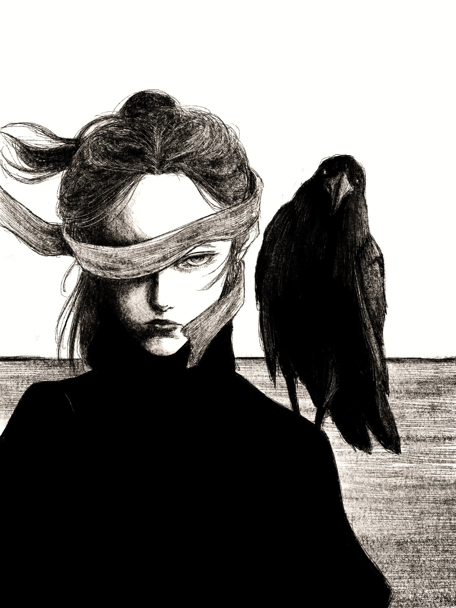 tp p pt, original, highres, 1girl, animal, animal on shoulder, bird, black hair, crow, greyscale, horizon, long hair, looking at viewer, monochrome, one eye covered, solo, white background