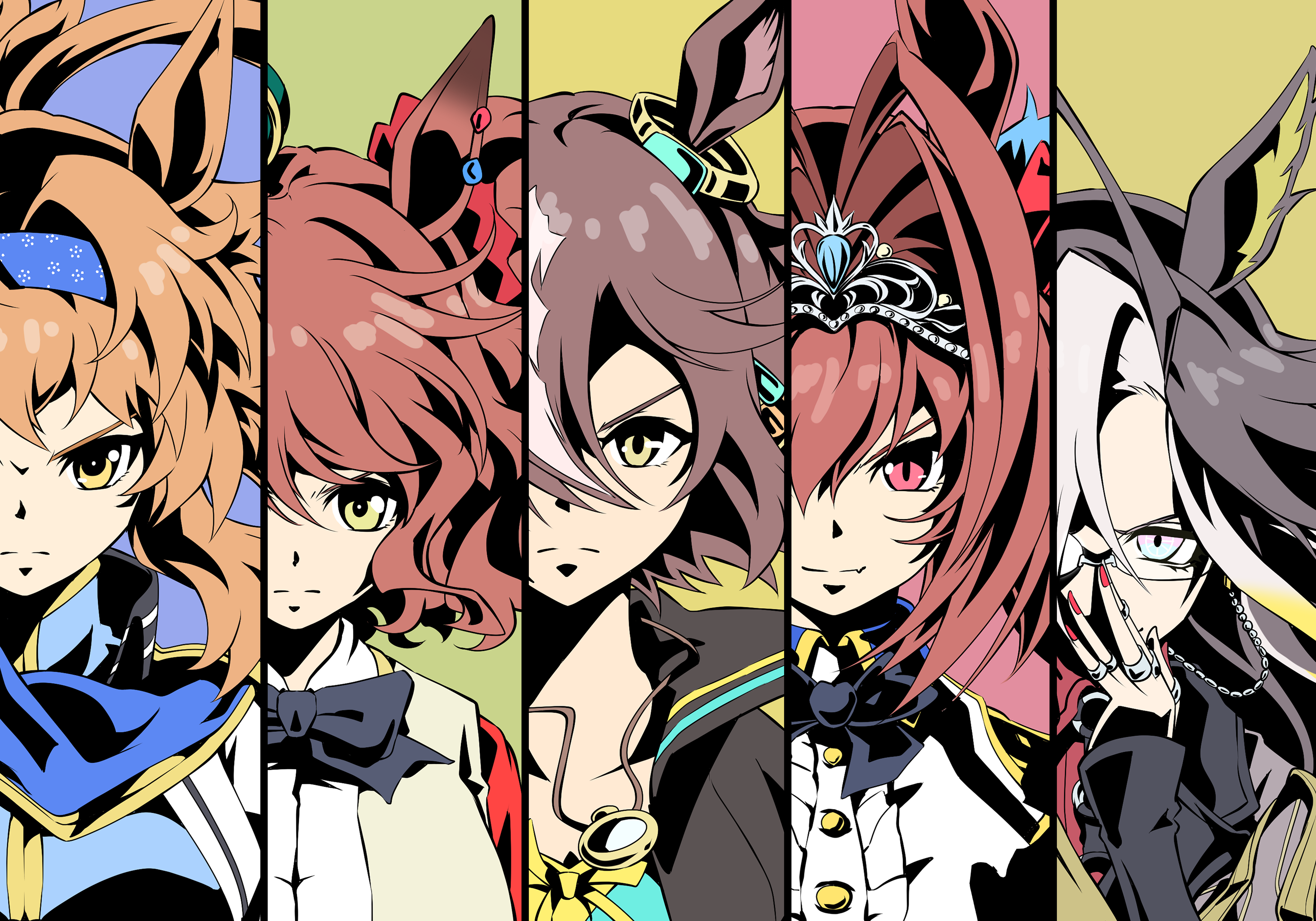 zukki (bijitaru), aston machan (umamusume), daiwa scarlet (umamusume), dream journey (umamusume), vodka (umamusume), umamusume, absurdres, commentary, highres, 5girls, adjusting eyewear, animal ears, antenna hair, black bow, black bowtie, black jacket, blonde hair, blue eyes, blue hairband, blue scarf, bow, bowtie, brown hair, center frills, ear ornament, frilled shirt, frills, furioso (umamusume), gradient hair, hair between eyes, hair bow, hairband, horse ears, horse girl, jacket, jewelry, long hair, looking at viewer, multicolored hair, multiple girls, multiple rings, pink eyes, red bow, ring, scarf, shirt, streaked hair, tiara, upper body, white hair, yellow eyes