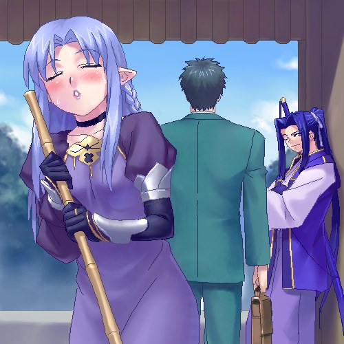 zen, kuzuki souichirou, medea (caster) (fate), medea (fate), sasaki kojirou (fate), fate/stay night, fate (series), lowres, 00s, 1girl, 2boys, blush, broom, dress, long dress, monohoshizao, multiple boys, oekaki, pointy ears, sword, weapon