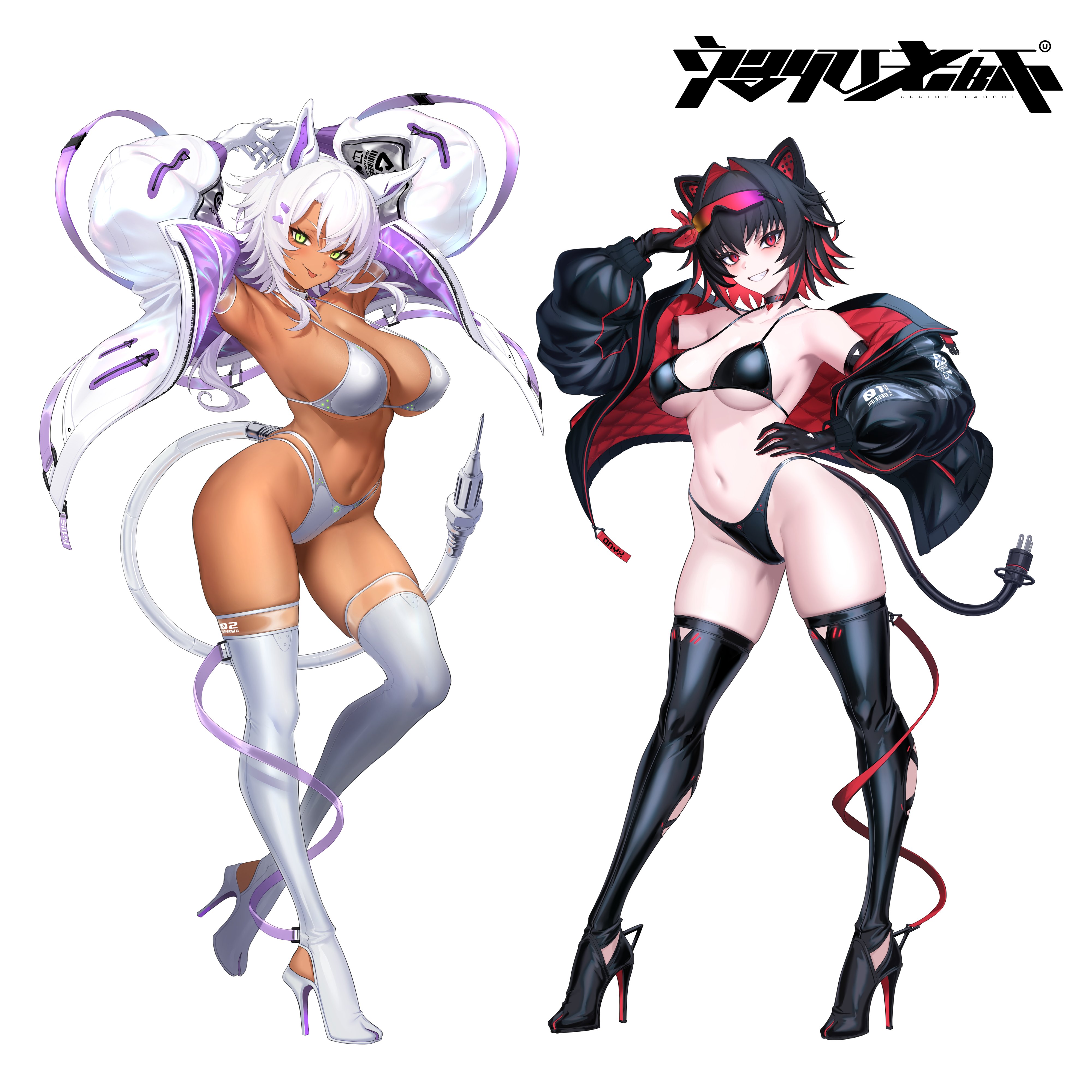 ulrich (tagaragakuin), original, absurdres, commentary request, figure available, highres, merchandise available, 2girls, :p, animal ears, arms up, bikini, black bikini, black boots, black gloves, black hair, black jacket, blush, boots, breasts, cat ears, closed mouth, colored inner hair, dark-skinned female, dark skin, fake animal ears, gloves, green eyes, grin, hair intakes, hand on own hip, high heels, jacket, large breasts, long hair, long sleeves, looking at viewer, multicolored hair, multiple girls, navel, open clothes, open jacket, parted lips, red eyes, red hair, short hair, simple background, smile, stomach, swimsuit, tail, thighs, tongue, tongue out, underboob, white background, white bikini, white boots, white gloves, white hair, white jacket