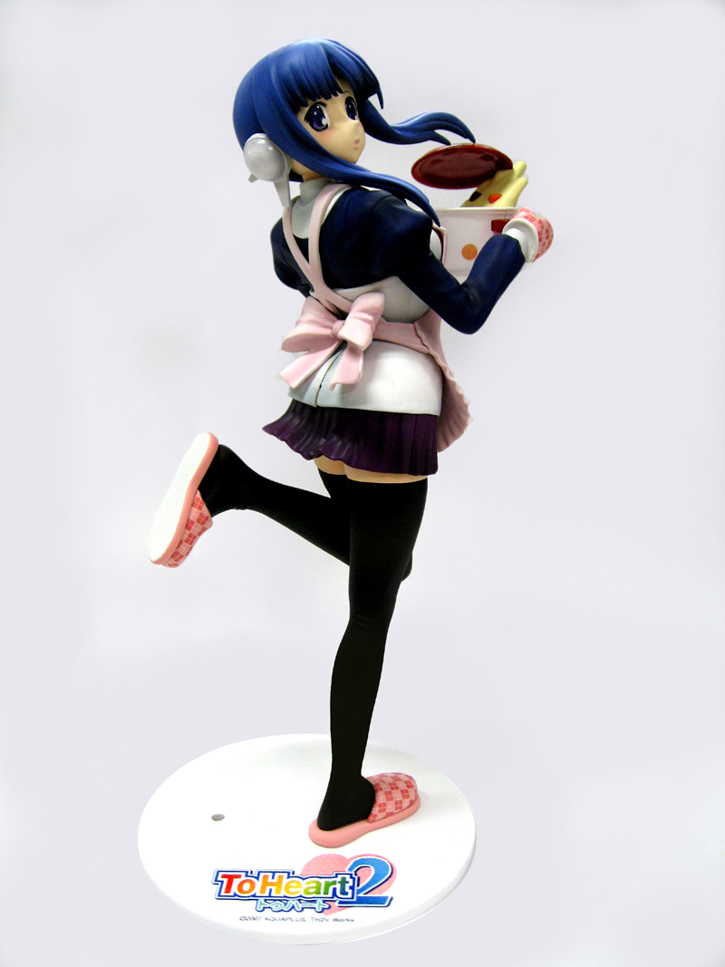 ilfa (to heart), to heart (series), to heart 2, pot, photo (medium), 00s, apron, black thighhighs, blue eyes, blue hair, figure, from behind, looking back, matching hair/eyes, open mouth, oven mitts, robot ears, school uniform, serafuku, short hair with long locks, skirt, slippers, solo, standing, standing on one leg, thighhighs, zettai ryouiki