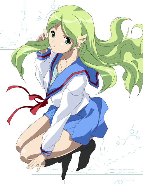 shiikeru, kimidori emiri, suzumiya haruhi no yuuutsu, 00s, 1girl, black socks, female focus, green eyes, green hair, kneehighs, long hair, long sleeves, looking at viewer, matching hair/eyes, sailor collar, school uniform, serafuku, simple background, socks, solo, very long hair, white background