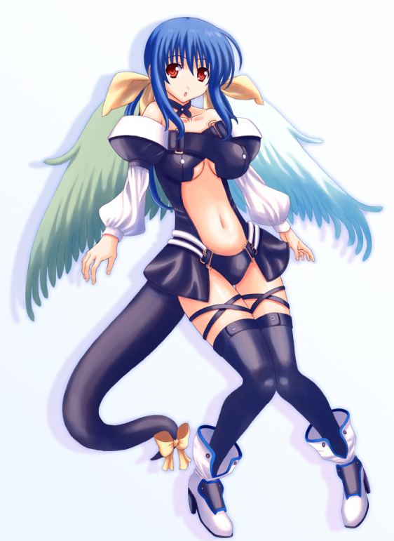 jounoji, dizzy (guilty gear), arc system works, guilty gear, 1girl, asymmetrical wings, bare shoulders, blue hair, female focus, red eyes, ribbon, solo, tail, tail ornament, tail ribbon, thighhighs, wings