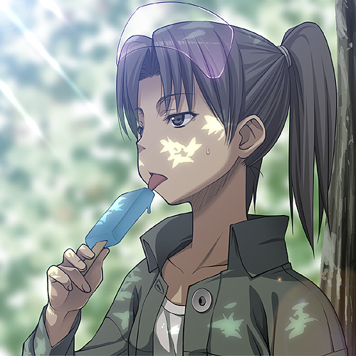 yoshida inuhito, amasawa yuuko, dennou coil, lowres, 00s, brown hair, food, glasses, popsicle, short hair, solo, twintails