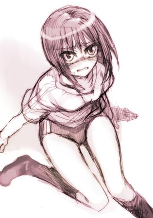 tenkuu sphere, tsumura tokiko, busou renkin, lowres, 00s, 1girl, blush, bob cut, buruma, double vertical stripe, embarrassed, female focus, from above, gym uniform, looking up, monochrome, pink theme, sitting, solo