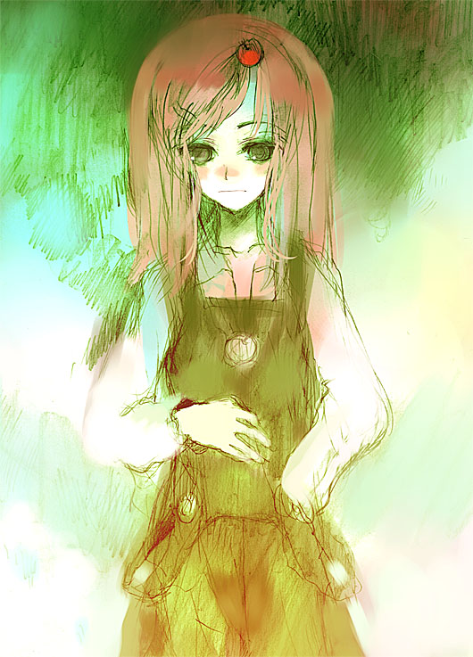 nokishita, yield, elysion, sound horizon, 1girl, brown hair, cowboy shot, dress, expressionless, female focus, green dress, green eyes, hair ornament, hairclip, long hair, long sleeves, looking at viewer, solo