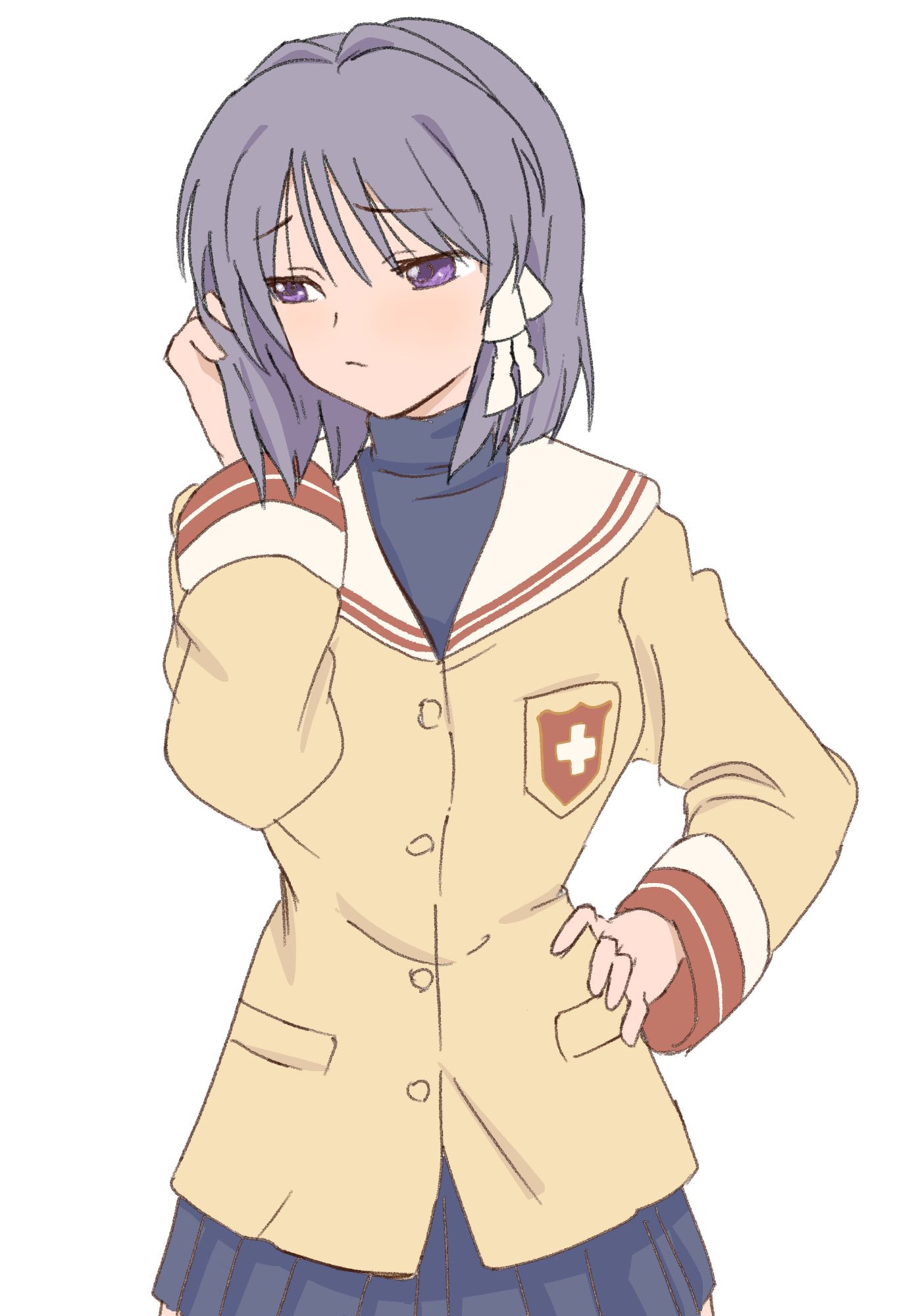 waka 849, fujibayashi kyou, clannad, highres, 1girl, blue skirt, cowboy shot, hair ribbon, hikarizaka private high school uniform, long sleeves, purple eyes, purple hair, ribbon, sailor collar, school uniform, shirt, short hair, simple background, skirt, solo, white background, yellow shirt