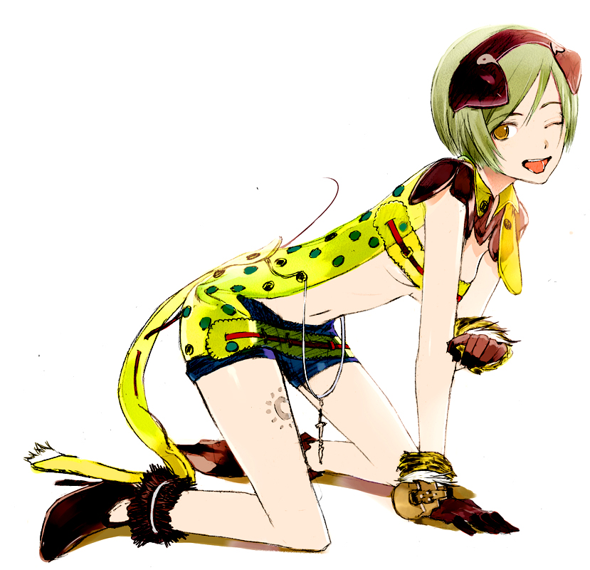 okama, original, 1girl, animal ears, cross, dog ears, female focus, gloves, green hair, kneeling, navel, one eye closed, short hair, short shorts, shorts, solo, tail