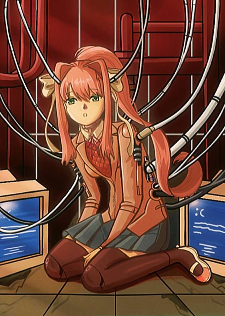 monika (doki doki literature club), doki doki literature club, 1girl, android, blazer, bow, brown hair, cable, collared shirt, computer, doki doki literature club school uniform, green eyes, hair between eyes, hair bow, hair intakes, hair over eyes, jacket, joints, long hair, looking at viewer, monitor, nightmumu, pleated skirt, ponytail, ribbon, robot, robot joints, school uniform, shirt, shoes, skirt, sweater, thighhighs, very long hair