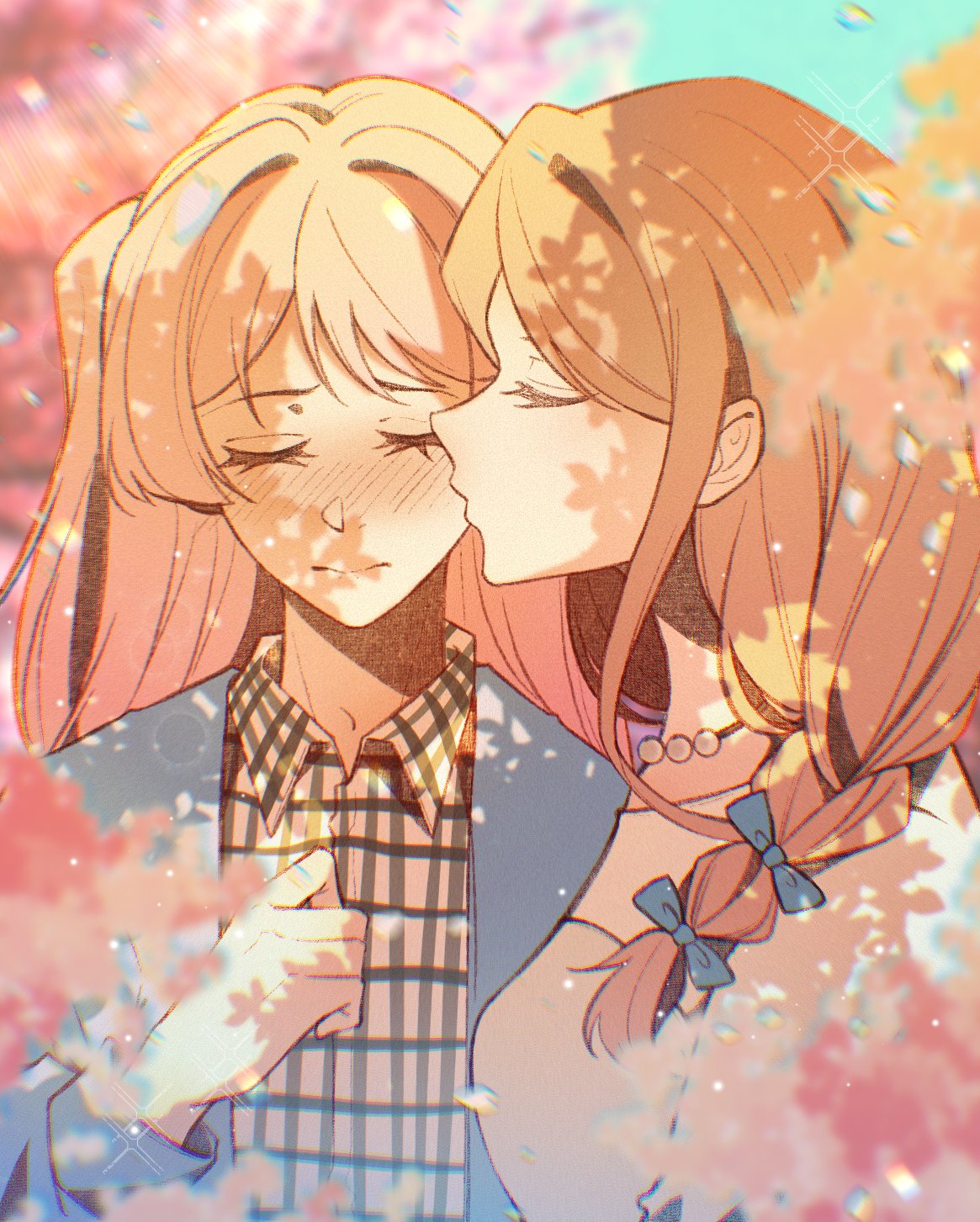 chihaya anon, nagasaki soyo, bang dream!, bang dream! it's mygo!!!!!, commentary, english commentary, highres, 2girls, blue jacket, blush, brown hair, cherry blossoms, closed eyes, closed mouth, half updo, jacket, jewelry, kiss, kissing cheek, long hair, miramaxwell, multiple girls, necklace, pink hair, yuri