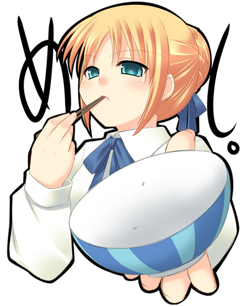 hazuki (etcxetc), artoria pendragon (fate), saber (fate), fate/stay night, fate (series), empty, 00s, bowl, chopsticks, rice bowl, solo