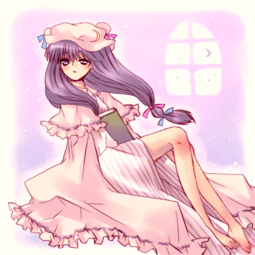 kokono coco, patchouli knowledge, touhou, lowres, 1girl, crescent, female focus, hat, long hair, purple hair, solo