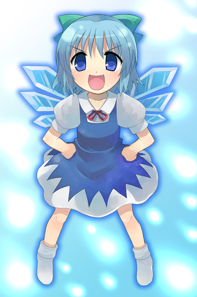 otoutogimi, cirno, shoot the bullet, touhou, 1girl, blue background, blue eyes, blue hair, bow, fang, female focus, full body, hands on own hips, legs apart, matching hair/eyes, open mouth, outline, short hair, socks, solo, standing, v-shaped eyebrows, white socks