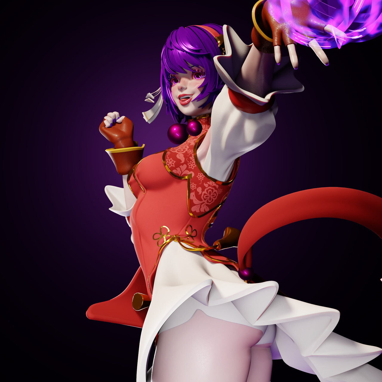 asamiya athena, the king of fighters, 1girl, ass, bike shorts, breasts, dress, female focus, gabriel henrique euflasio, gabrielhenriqueeuflasio, gloves, hairband, huge ass, large breasts, pale skin, pants, purple eyes, purple hair, short hair, skirt, smile, star (symbol), thick thighs, thighs, tight clothes, tight pants, wide hips