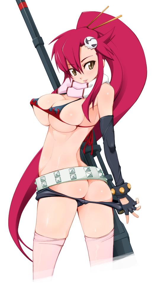 miito shido, yoko littner, tengen toppa gurren lagann, 00s, 1girl, anti-materiel rifle, bikini, bikini top only, breasts, female focus, gun, large breasts, micro shorts, rifle, shorts, sniper rifle, solo, swimsuit, thighhighs, weapon