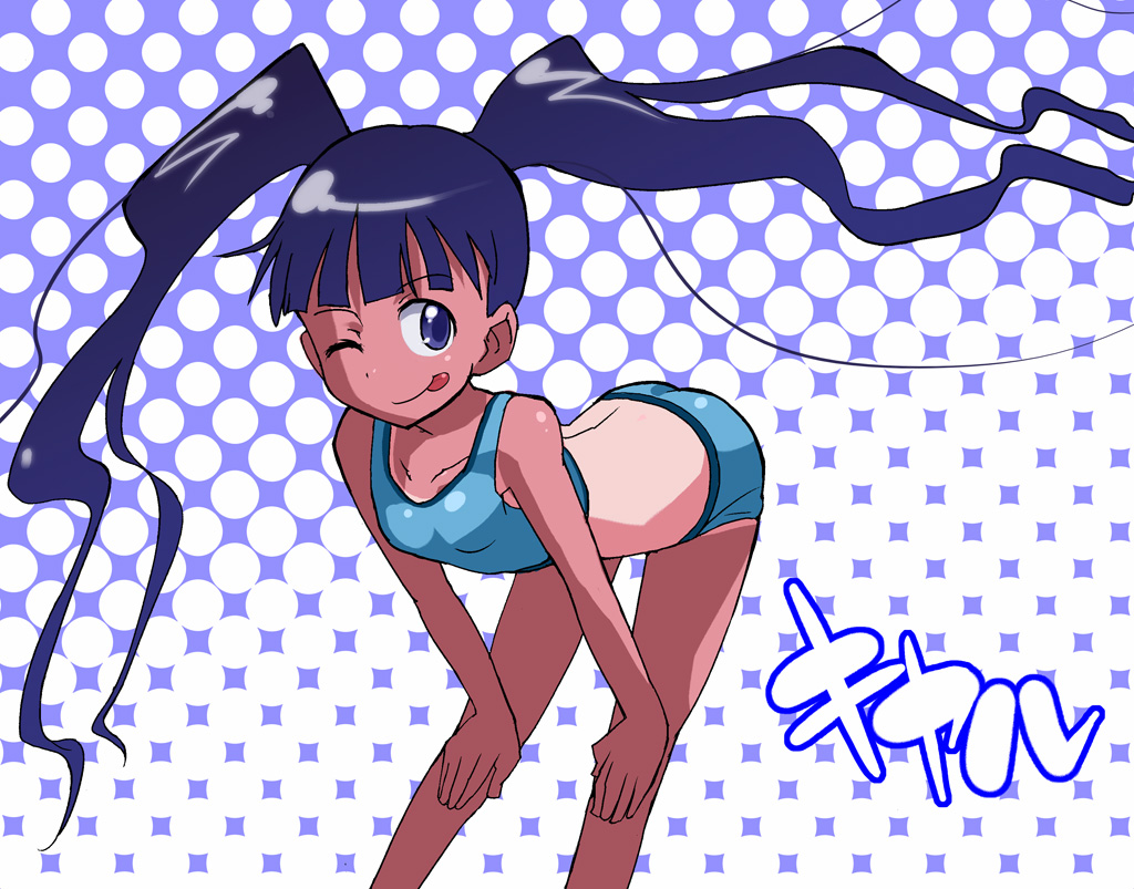 ookamiuo, kiyal bachika, tengen toppa gurren lagann, 00s, 1girl, bent over, bikini, blue eyes, female focus, flat chest, one eye closed, purple hair, solo, sports bikini, swimsuit, tan, tankini, twintails, wink