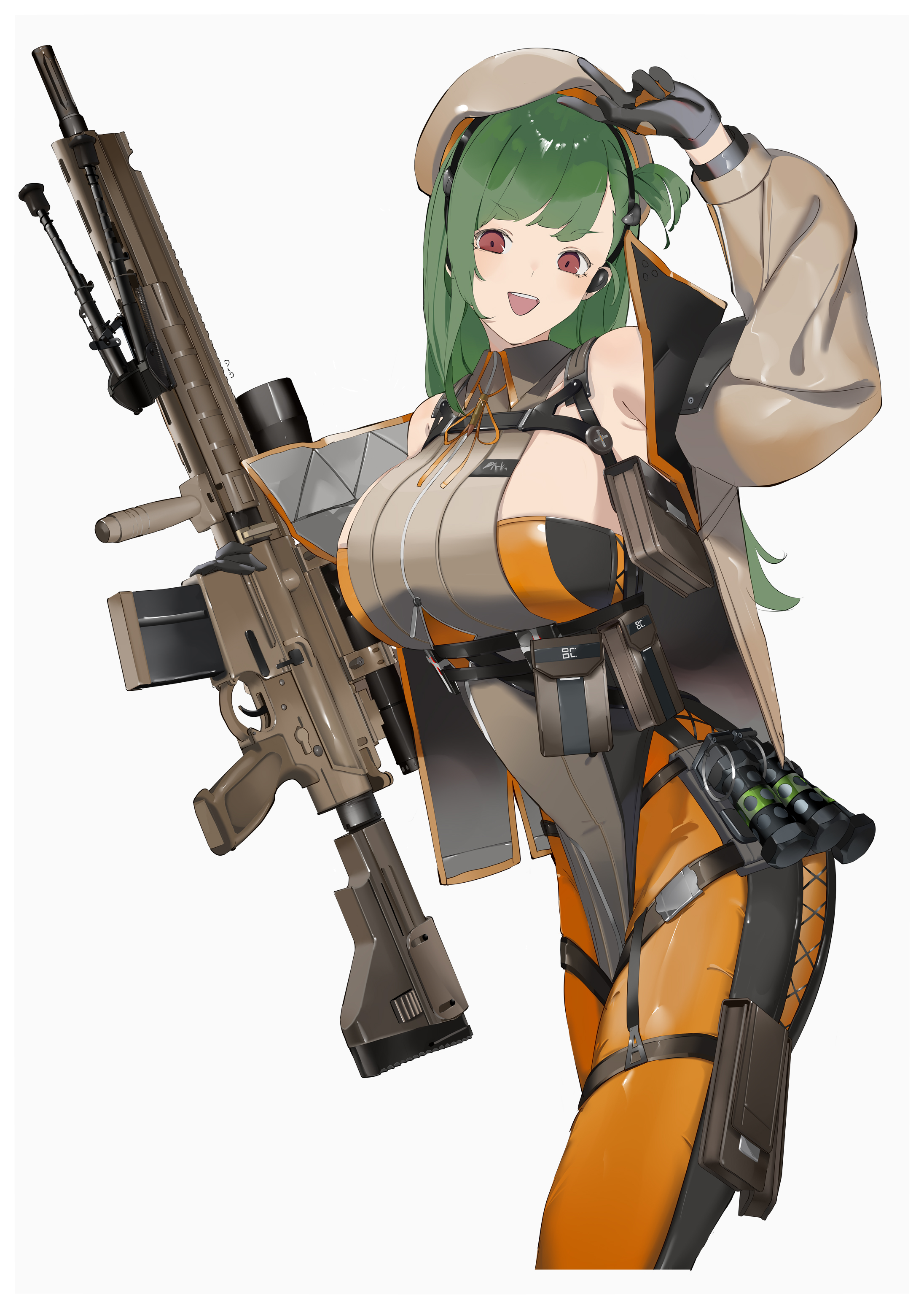 sutekina awa, belka (girls' frontline 2), g28 (girls' frontline), girls' frontline, girls' frontline 2: exilium, absurdres, commentary request, highres, 1girl, arm up, beret, breasts, brown hat, brown jacket, cropped legs, flashback, green hair, gun, h&k g28, hat, holding, holding gun, holding weapon, jacket, large breasts, long hair, one side up, open clothes, open jacket, open mouth, red eyes, scope, simple background, smile, solo, teeth, upper teeth only, w, weapon, white background