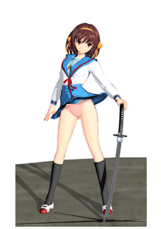 name (nahopa!), suzumiya haruhi, suzumiya haruhi no yuuutsu, 00s, 1girl, 3d, brown hair, female focus, full body, katana, panties, school uniform, serafuku, shoes, short hair, socks, solo, standing, sword, underwear, weapon, white background, wind, wind lift