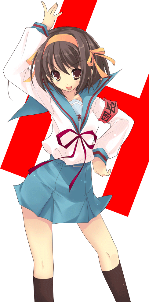 yoshiwo, suzumiya haruhi, suzumiya haruhi no yuuutsu, 00s, 1girl, brown eyes, brown hair, female focus, hairband, school uniform, serafuku, short hair, solo, transparent background