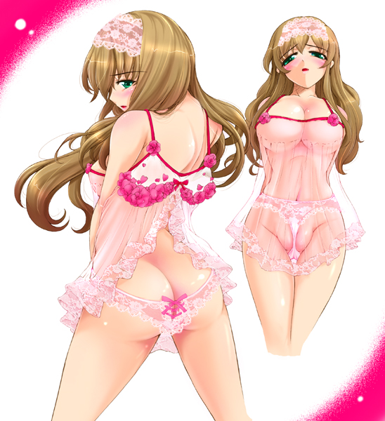 natsuki kiyohito, 1girl, babydoll, blonde hair, blue eyes, brown hair, chemise, green eyes, lingerie, long hair, multiple views, panties, see-through clothes, underwear