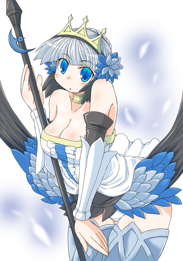 naitou kouse, gwendolyn (odin sphere), naitou, odin sphere, 1girl, armor, armored dress, blue eyes, breasts, cleavage, dress, female focus, panties, pantyshot, solo, strapless, strapless dress, underwear