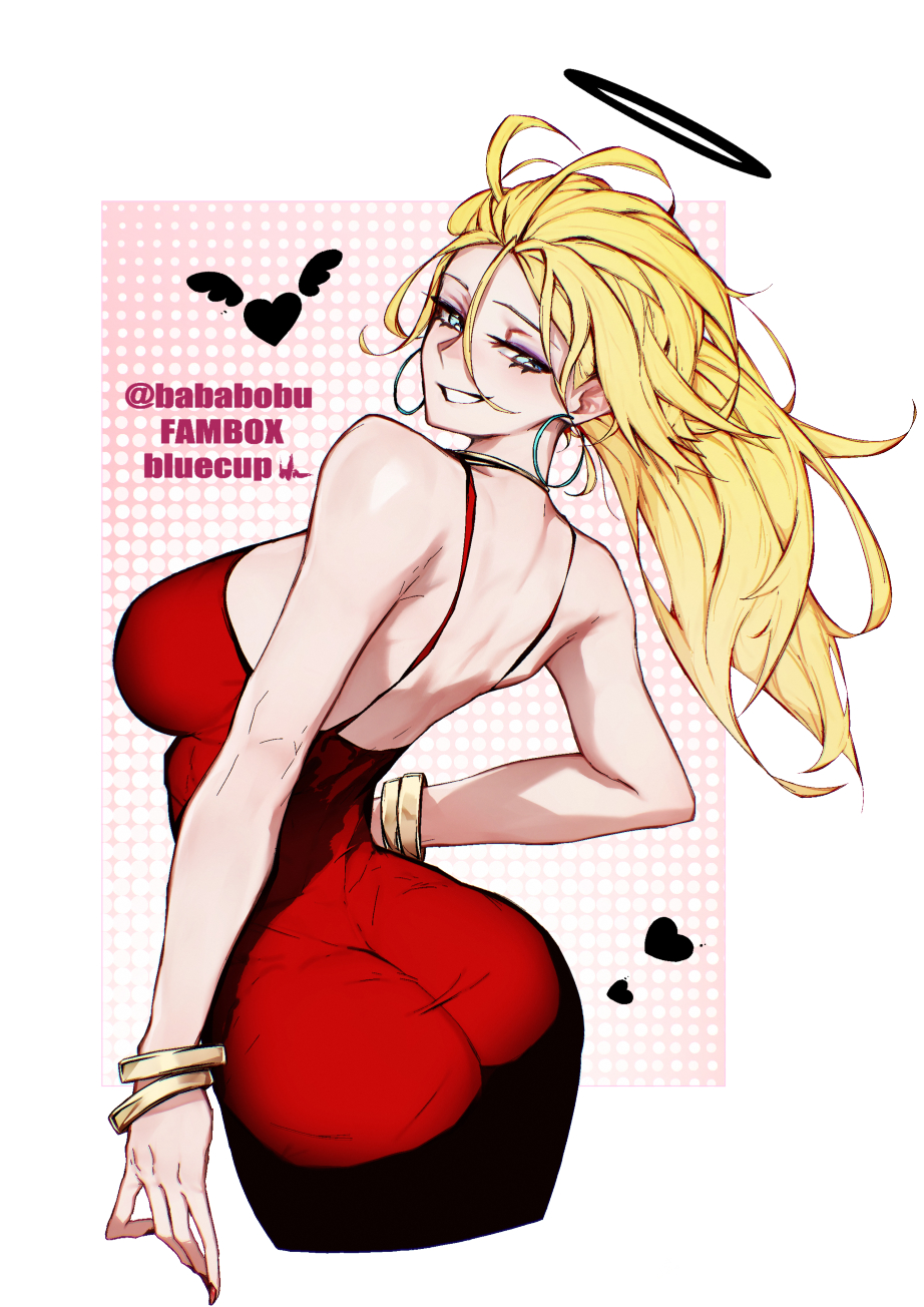 bluecup, panty (psg), panty & stocking with garterbelt, commentary, highres, 1girl, ass, bangle, blonde hair, border, bracelet, breasts, cropped legs, dress, earrings, hair between eyes, halo, heart, hoop earrings, jewelry, large breasts, long hair, looking at viewer, looking to the side, red dress, sideboob, sleeveless, sleeveless dress, solo, straight hair, twitter username, white border