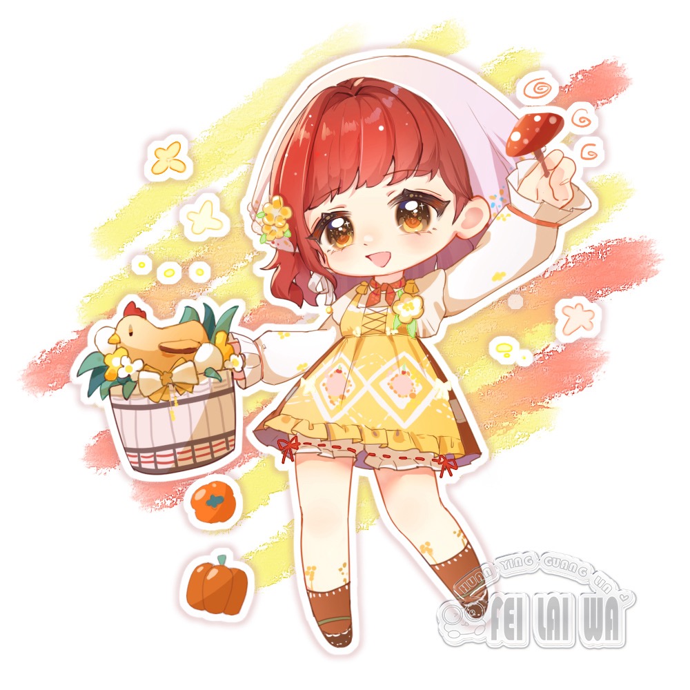 infinity nikki, nikki (series), stardew valley, 1girl, ankle socks, apron, artist name, bird, bloomers, bow, brown eyes, brown shoes, brown skirt, brown socks, bucket, chibi, chicken, country lolita, cross-laced apron, dot nose, egg, eyelashes, feilaiwa, floral print, flower, flower tattoo, frilled sleeves, frills, hair flower, hair ornament, happy, headscarf, high-waist skirt, holding, holding bucket, holding mushroom, knees, layered sleeves, leg tattoo, light blush, lolita fashion, long sleeves, looking at viewer, medium hair, miniskirt, mushroom, open mouth, outline, pumpkin, red hair, red ribbon, ribbon, ribbon-trimmed bloomers, ribbon legwear, ribbon trim, shirt, shoes, short over long sleeves, short sleeves, skirt, sleeves past wrists, smile, socks, solo, spiral, standing, stardew valley encounter (infinity nikki), tattoo, two-tone bow, underwear, watermark, white background, white bloomers, white bow, white flower, white headscarf, white outline, white shirt, yellow apron, yellow flower