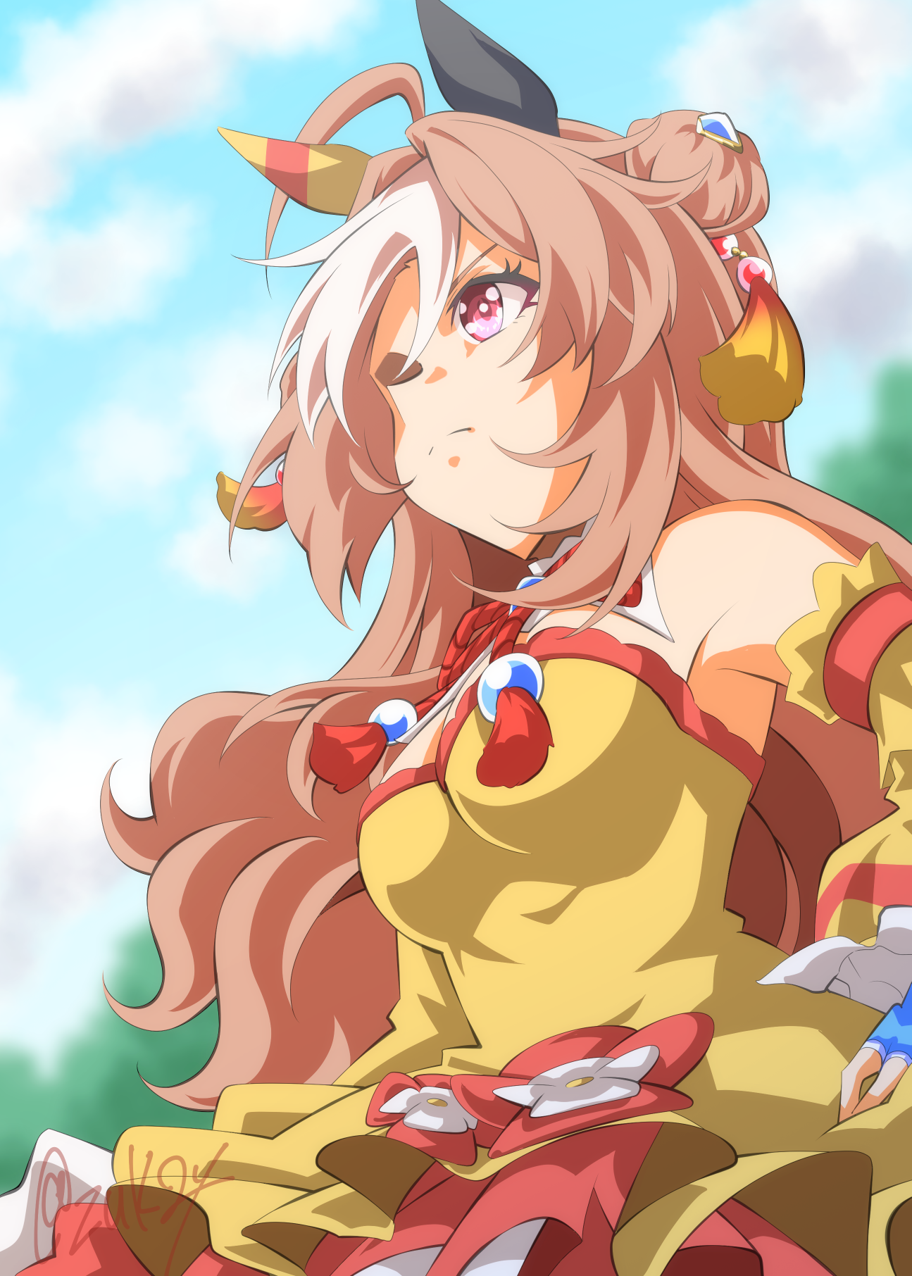 zukki (bijitaru), copano rickey (umamusume), umamusume, commentary, highres, 1girl, ahoge, animal ears, bare shoulders, blue sky, breasts, brown hair, closed mouth, cloud, dress, ear covers, ear ornament, from below, hair between eyes, hair bun, hair ornament, horse ears, horse girl, long hair, medium breasts, multicolored hair, outdoors, purple eyes, sky, solo, streaked hair, tassel, tassel hair ornament, twitter username, white hair, yellow dress