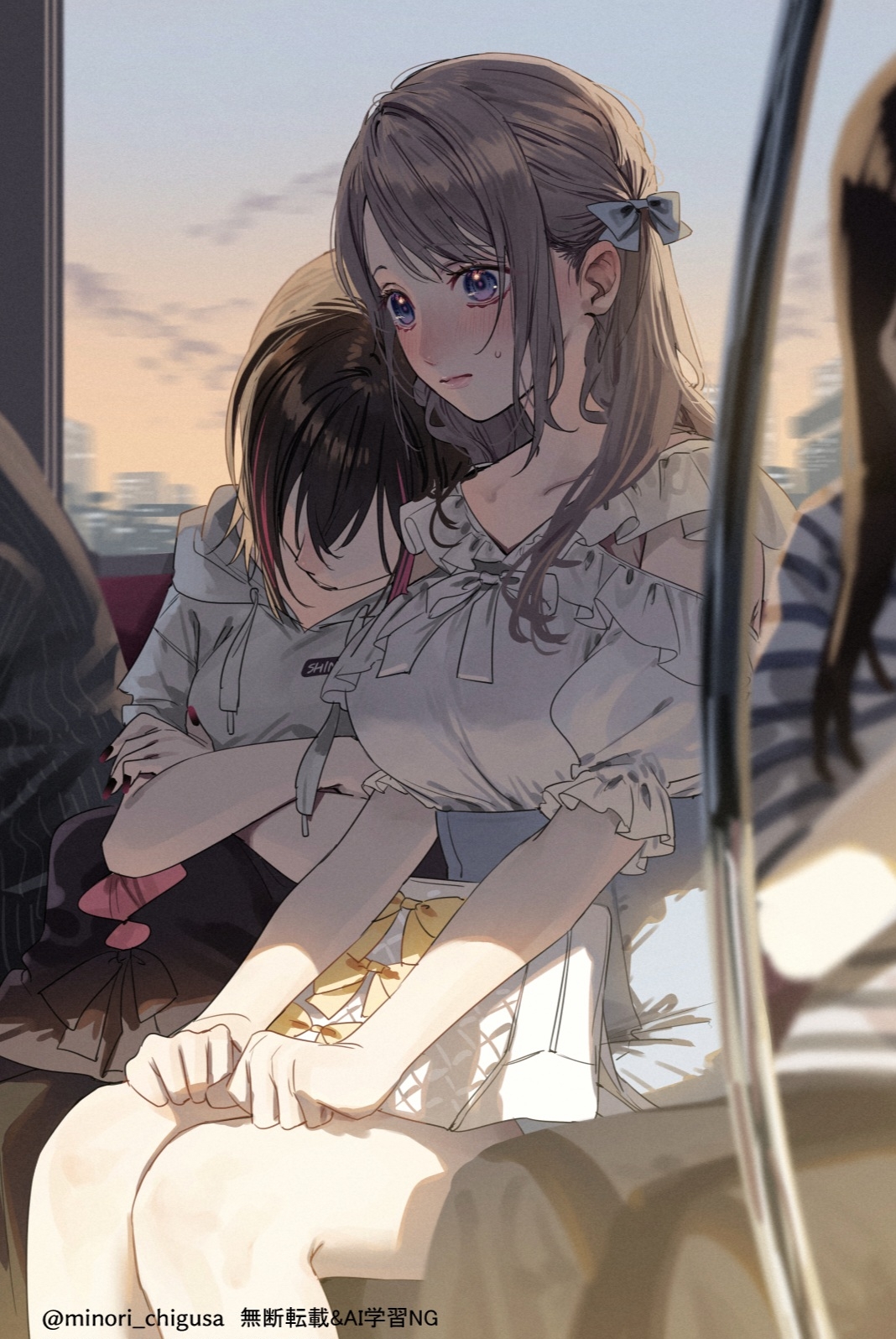 chigusa minori, saotome shino (shino to ren), shirayuki ren, shino to ren, commentary request, highres, 2girls, black nails, blue eyes, blush, breasts, closed mouth, crossed arms, gradient nails, grey hair, hood, hoodie, large breasts, long hair, multiple girls, nail polish, people, shirt, sidelocks, sleeping, sleeping on person, train interior, white bag, white hoodie, white shirt