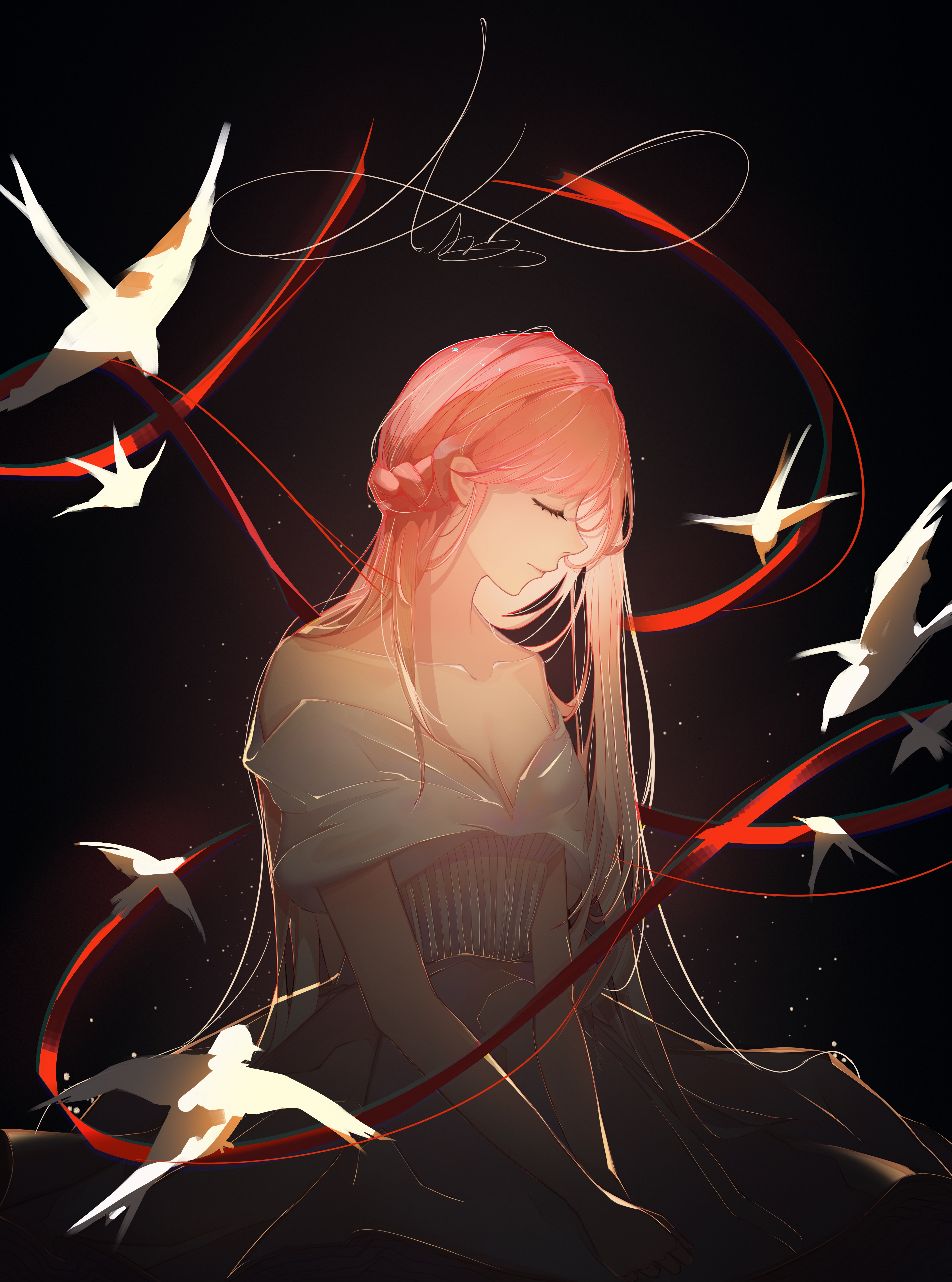 nikki (nikki), nikki (series), absurdres, commission, highres, 1girl, bird, black background, braid, breasts, cape, cleavage, closed eyes, closed mouth, collarbone, cowboy shot, dove, dress, expressionless, eyelashes, flat chest, flower, grey cape, half up half down braid, light particles, long dress, long hair, low neckline, off-shoulder dress, off shoulder, pink hair, pleated dress, pointy nose, red ribbon, ribbon, see-through cape, short sleeves, signature, sitting, solo, straight hair, white dress, wuxiexiexie58463