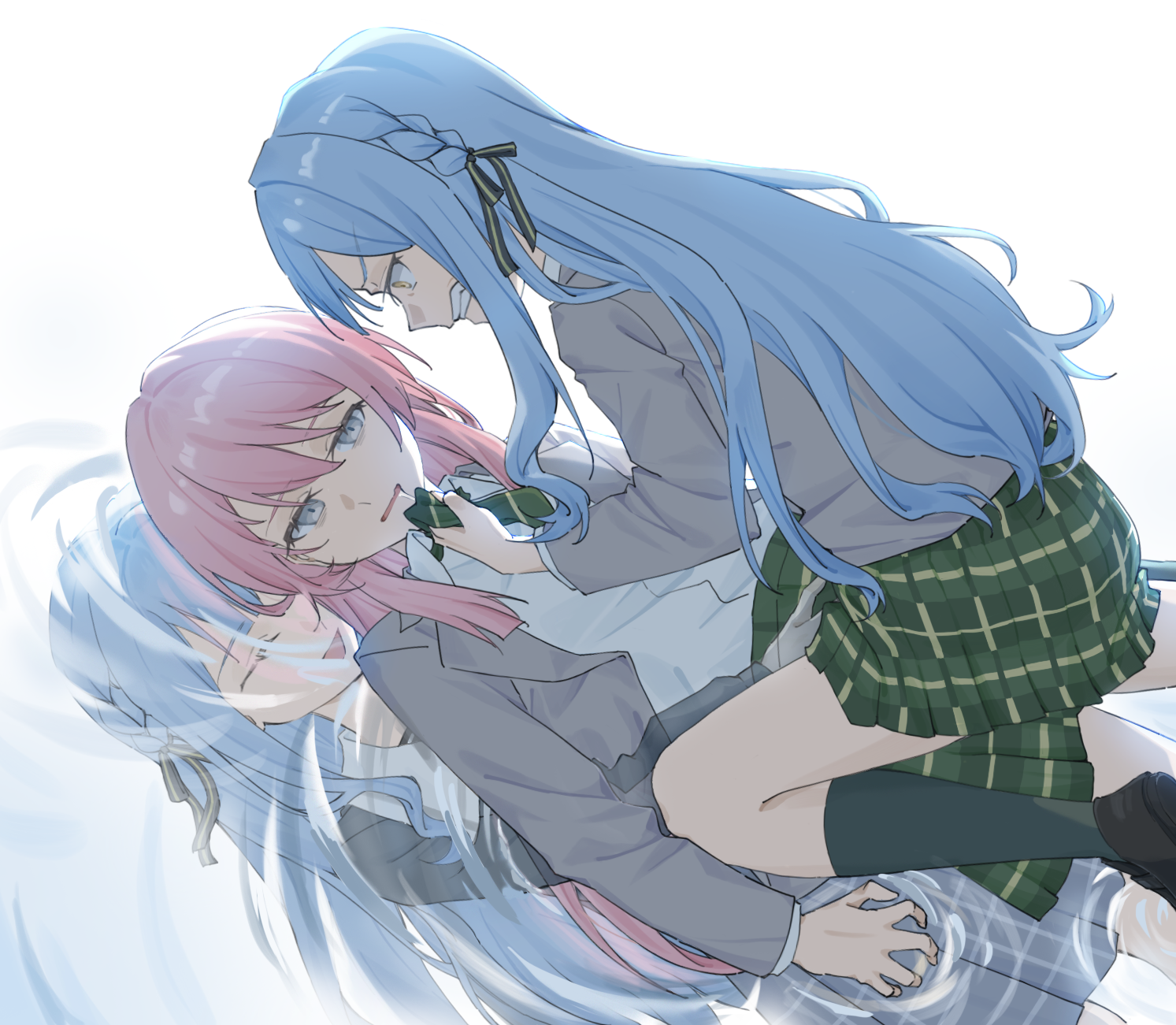 ns68914ly0019, chihaya anon, togawa sakiko, bang dream!, bang dream! it's mygo!!!!!, chinese commentary, commentary request, highres, 2girls, blue hair, braid, clenched teeth, clothes grab, different reflection, drooling, green necktie, green skirt, green socks, grey jacket, hair ribbon, haneoka school uniform, jacket, kneehighs, long hair, multiple girls, necktie, necktie grab, neckwear grab, open clothes, open jacket, pink hair, plaid clothes, plaid skirt, pleated skirt, reflection, ribbon, school uniform, shirt, sidelocks, skirt, socks, straddling, teeth, white shirt, yellow eyes, yuri