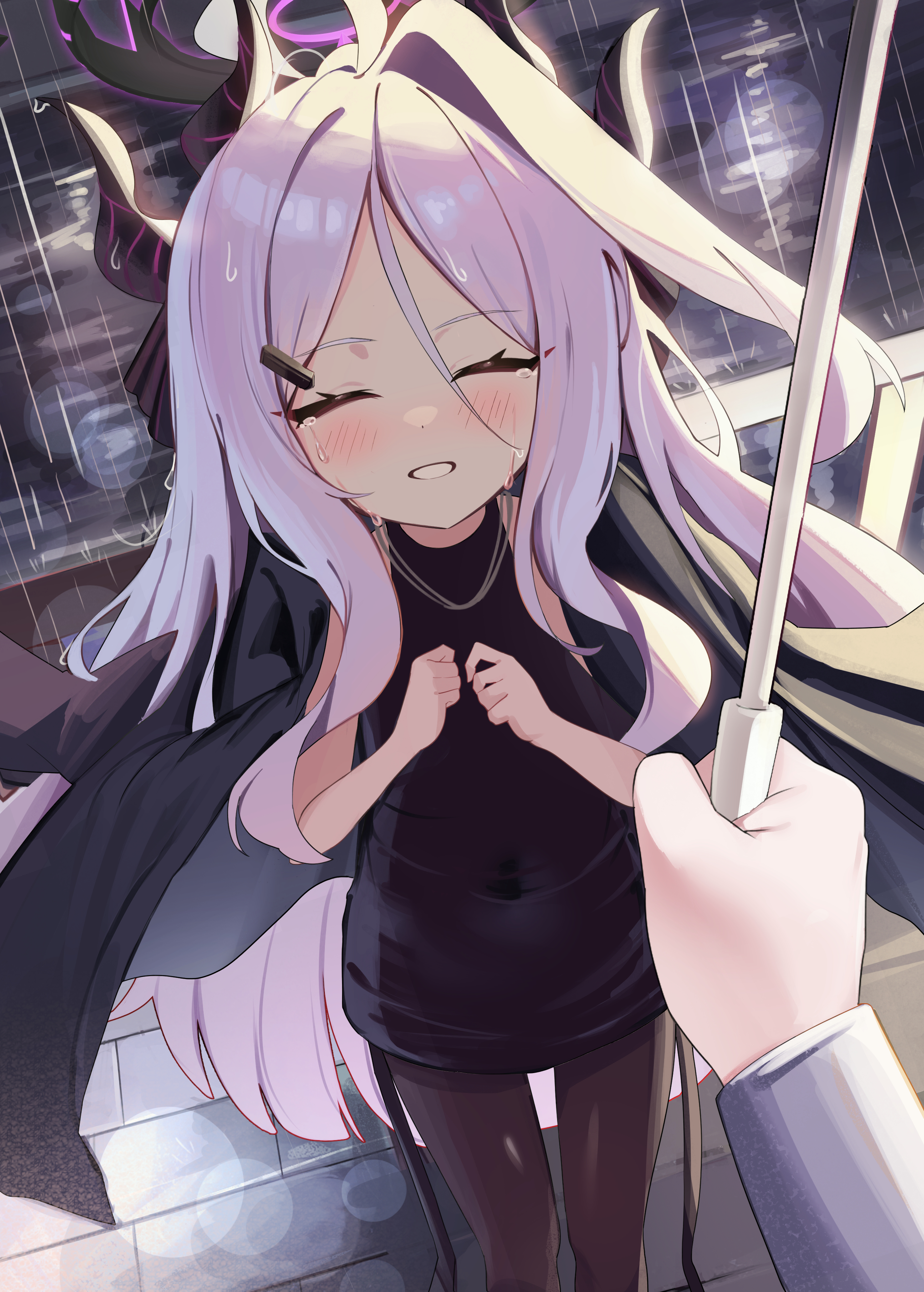 9nu, hina (blue archive), sensei (blue archive), blue archive, absurdres, highres, 1girl, ahoge, blush, breasts, crying, demon girl, demon horns, grin, happy tears, horns, long hair, outdoors, purple eyes, rain, small breasts, smile, solo, standing, streaming tears, tears, umbrella, very long hair, white hair