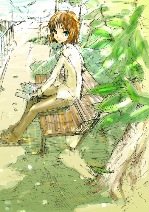 yukari (konekonekozou), original, tagme, bench, book, konekonekozou, sketch, solo