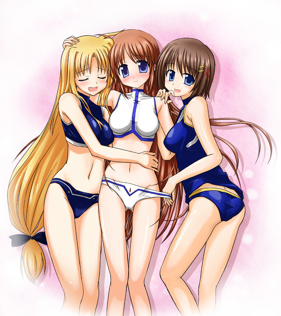 fate testarossa, takamachi nanoha, yagami hayate, lyrical nanoha, mahou shoujo lyrical nanoha, mahou shoujo lyrical nanoha strikers, 00s, 3girls, adapted costume, ass, bikini, black bikini, blonde hair, blue bikini, groin, long hair, looking at viewer, looking back, low-tied long hair, midriff, multiple girls, navel, pink background, simple background, stomach, swimsuit, very long hair, white bikini