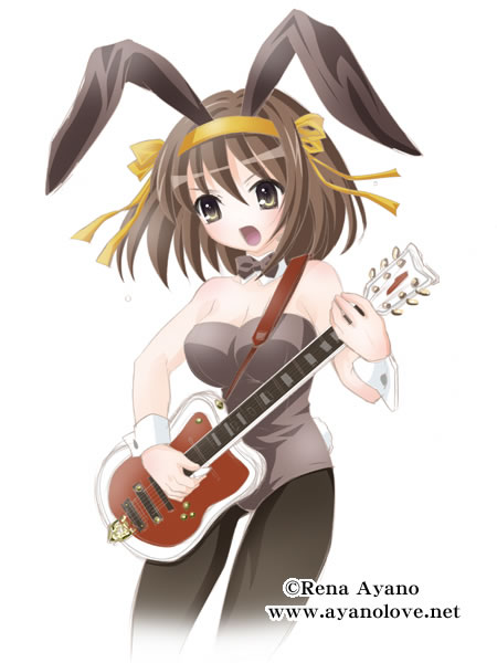 ayano rena, suzumiya haruhi, suzumiya haruhi no yuuutsu, 00s, animal ears, brown hair, fake animal ears, guitar, instrument, leotard, pantyhose, playboy bunny, rabbit ears, short hair, solo