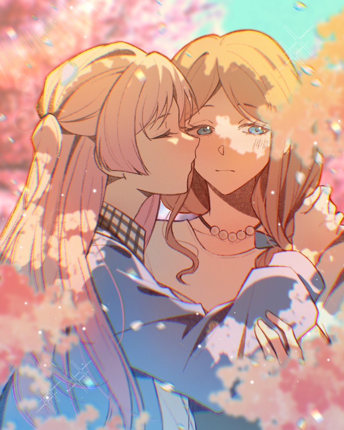 chihaya anon, nagasaki soyo, bang dream!, bang dream! it's mygo!!!!!, commentary, english commentary, highres, 2girls, blue eyes, blue jacket, brown hair, cherry blossoms, closed eyes, closed mouth, half updo, jacket, jewelry, kiss, kissing cheek, long hair, miramaxwell, multiple girls, necklace, pink hair, yuri