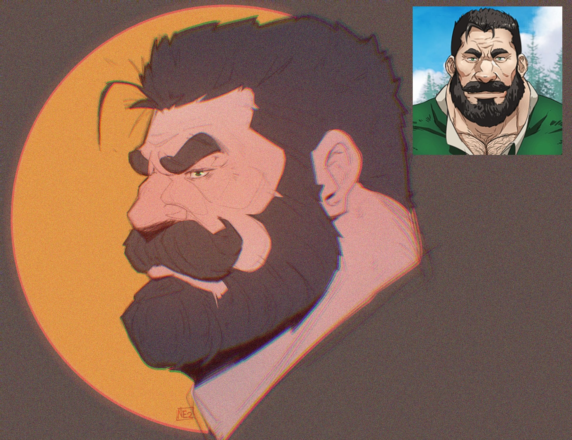 mr nellory, bernard (lustful desires), lustful desires, commentary, english commentary, highres, 1boy, beard, facial hair, head only, male focus, mustache, old, old man, profile, reference inset