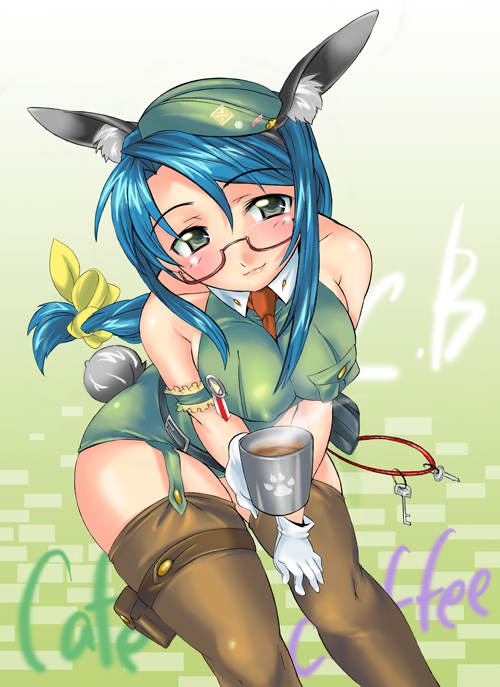 myouga, 1girl, blue hair, female focus, glasses, long hair, low-tied long hair, ribbon, solo, tail, thighhighs