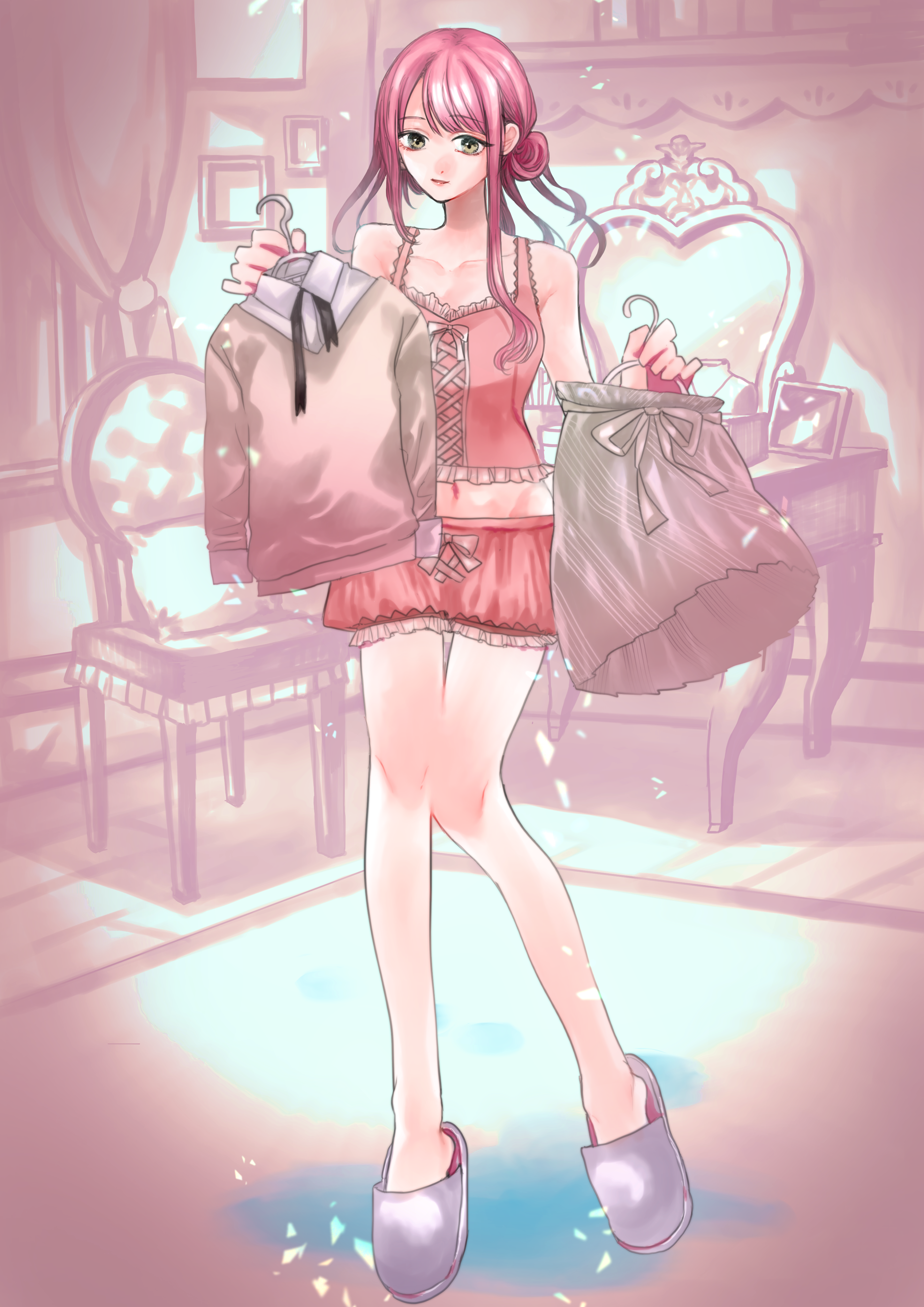 sakana no hone, nikki (nikki), nikki (series), shining nikki, absurdres, commentary request, highres, 1girl, bare arms, bare legs, bare shoulders, bedroom, bloomers, book, bow, breasts, brown eyes, camisole, carpet, chair, cleavage, closed mouth, clothes hanger, collarbone, cross-laced clothes, cross-laced top, curtains, frilled camisole, frills, full body, grey slippers, hair bun, happy, holding, holding clothes hanger, indoors, knees, light particles, looking at viewer, midriff, mirror, navel, picture frame, pillow, pink bloomers, pink camisole, pink hair, shelf, shirt, short hair with long locks, single hair bun, skirt, slippers, smile, solo, standing, underwear, unworn shirt, unworn skirt, wavy hair, white bow, wooden floor