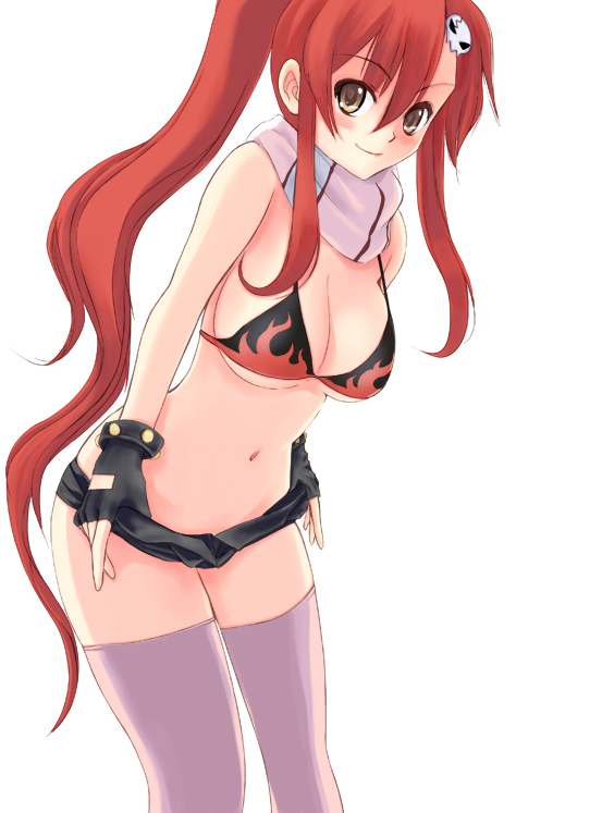 niwatori kokezou, yoko littner, tengen toppa gurren lagann, 00s, bikini, bikini top only, black bikini, short shorts, shorts, solo, swimsuit, thighhighs