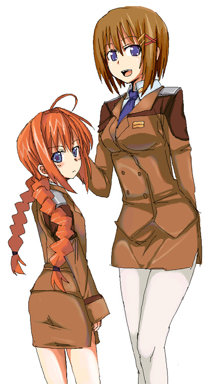 kurosho, vita (nanoha), yagami hayate, lyrical nanoha, mahou shoujo lyrical nanoha, mahou shoujo lyrical nanoha strikers, 00s, 2girls, ahoge, braid, hair ornament, military, military uniform, multiple girls, pantyhose, red hair, twin braids, x hair ornament