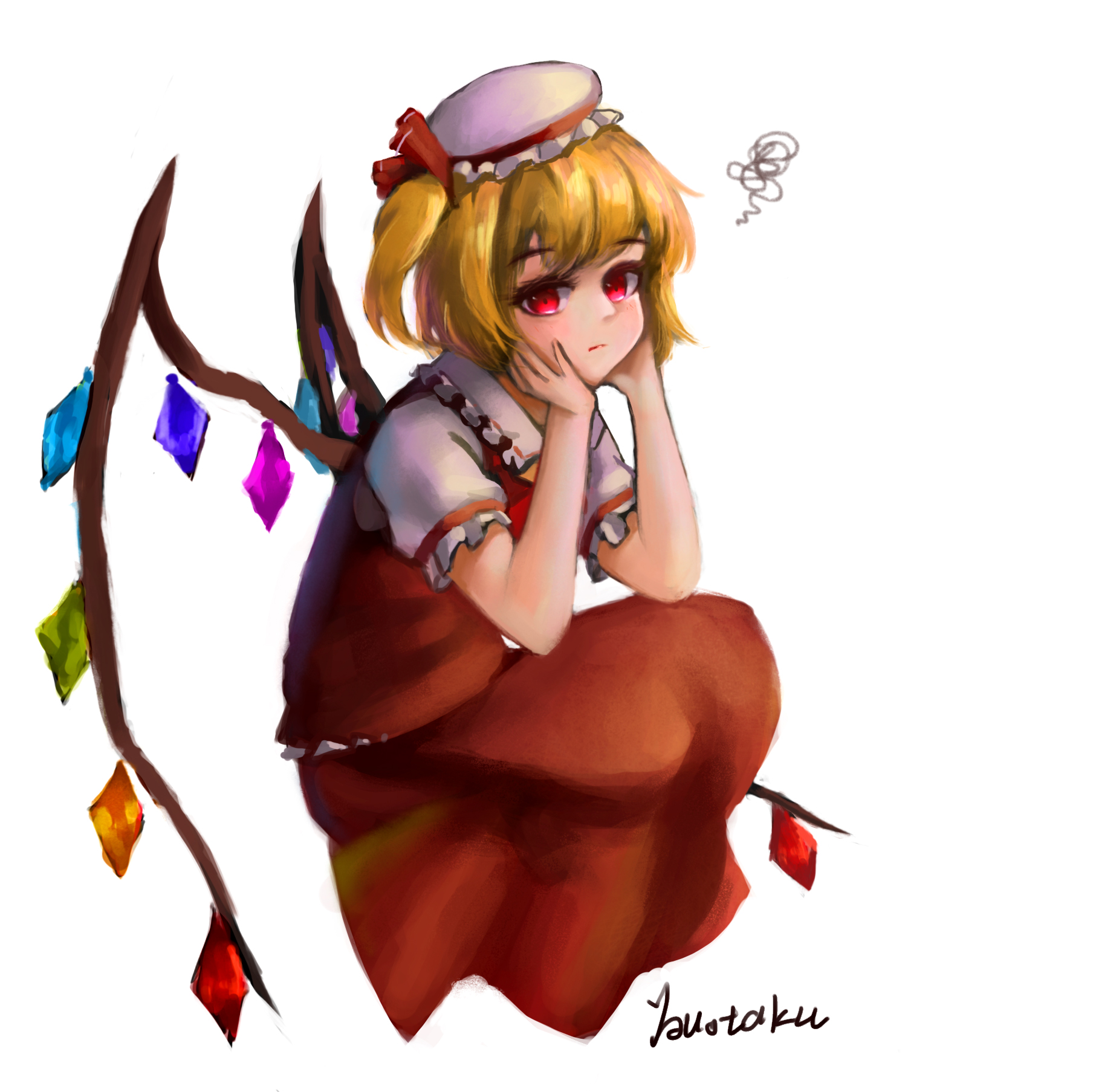 youotaku, flandre scarlet, touhou, highres, 1girl, blonde hair, full body, hands on own cheeks, hands on own face, hat, medium hair, mob cap, red skirt, short sleeves, skirt, white background, wings