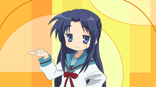 inui nagi, asakura ryoko, kyoto animation, lucky star, motteke! serafuku, suzumiya haruhi no yuuutsu, animated, animated gif, 1girl, company connection, female focus, half updo, parody, school uniform, serafuku, solo
