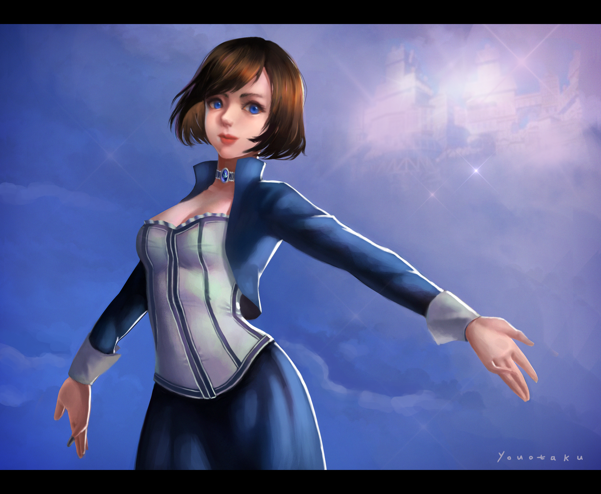 youotaku, elizabeth (bioshock infinite), bioshock, bioshock (series), bioshock infinite, highres, amulet, blue dress, blue eyes, blue sky, brooch, brown hair, dress, jewelry, long sleeves, medium hair, signature, sky, sky focus, steampunk, strapless, strapless dress