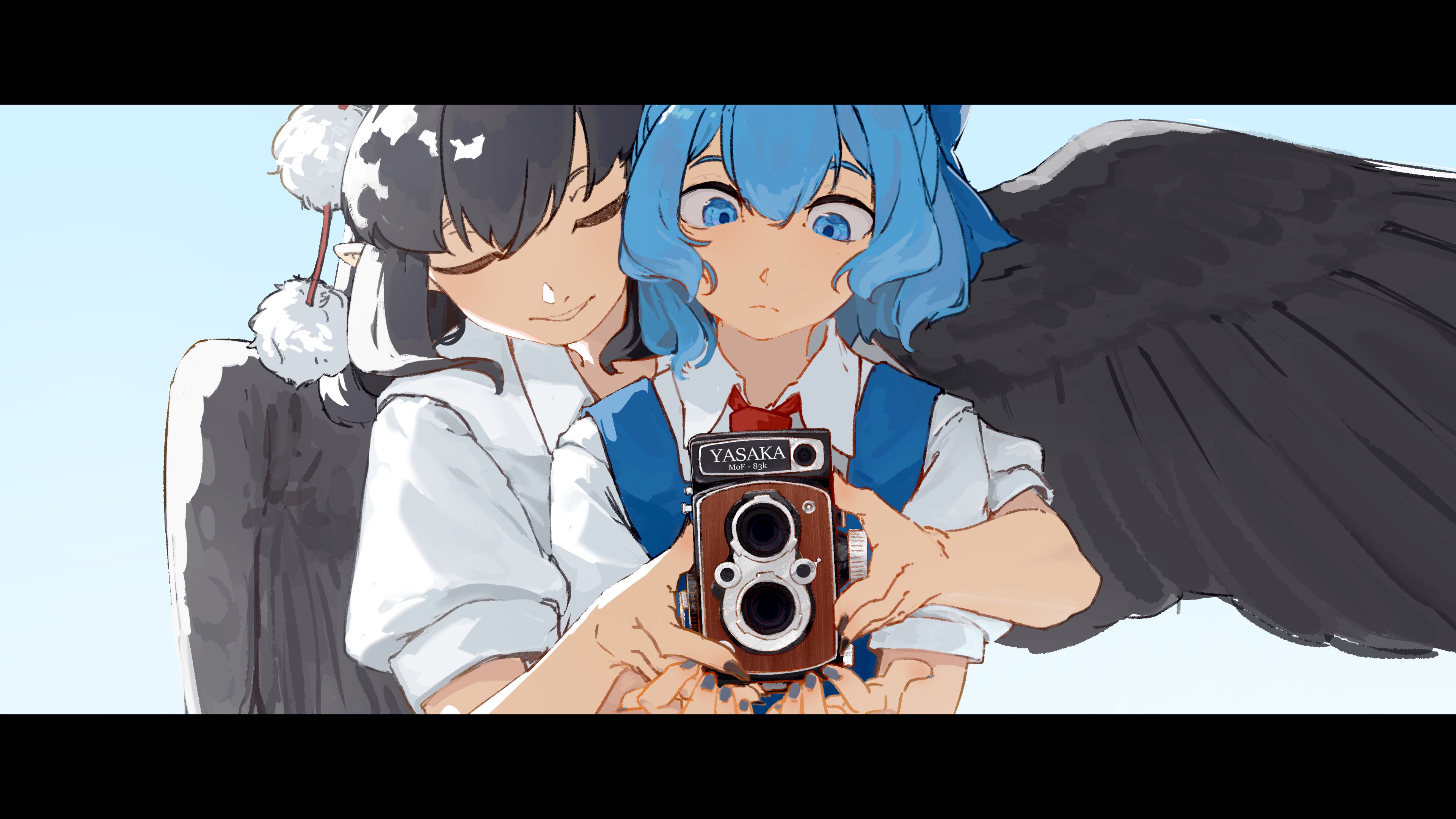 hyoutan tan, cirno, shameimaru aya, touhou, absurdres, commentary, english commentary, highres, second-party source, 2girls, aqua eyes, aqua hair, behind another, black hair, black wings, blue bow, blue dress, blue nails, bow, camera, closed mouth, collared shirt, dress, hair bow, holding, holding camera, letterboxed, looking down, multiple girls, pom pom (clothes), puffy short sleeves, puffy sleeves, shirt, short hair, short sleeves, smile, twin-lens reflex camera, upper body, white shirt, wings