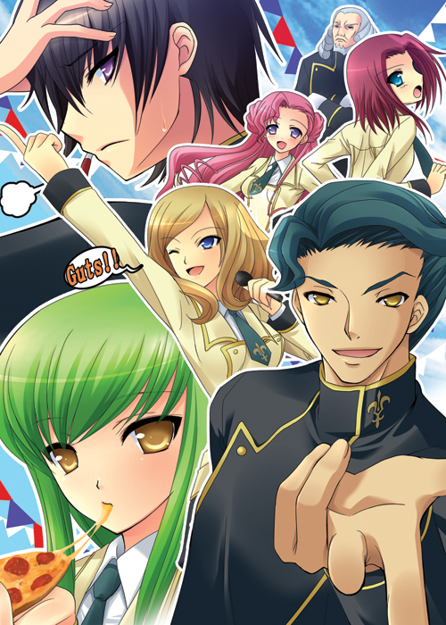 frapowa, yukizuki chikuba, c.c., euphemia li britannia, jeremiah gottwald, kouzuki kallen, lelouch vi britannia, milly ashford, code geass, 00s, 3boys, 4girls, donut hair bun, food, hair bun, multiple boys, multiple girls, pizza