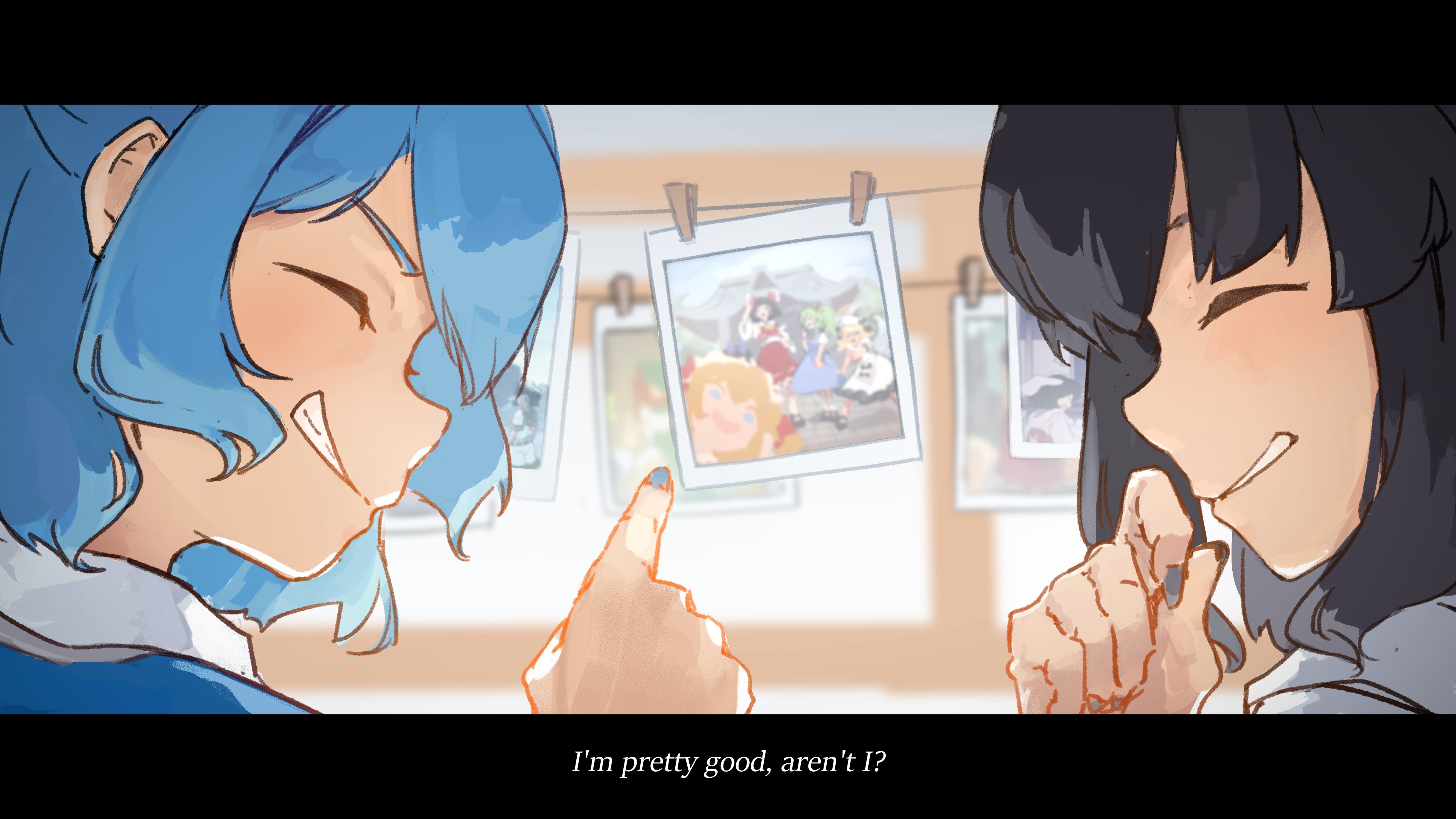 hyoutan tan, cirno, daiyousei, hakurei reimu, hong meiling, inaba tewi, luna child, murasa minamitsu, shameimaru aya, star sapphire, sunny milk, touhou, absurdres, commentary, english commentary, highres, second-party source, 2girls, ^ ^, aqua hair, black hair, blue dress, blue nails, camera, closed eyes, closed mouth, clothes pin, collared shirt, dress, english text, grin, holding, holding camera, letterboxed, multiple girls, photo (object), pointing, shirt, short hair, smile, white shirt