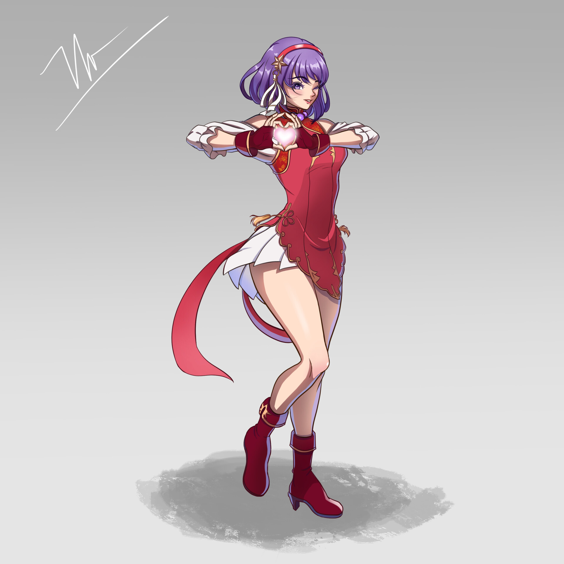 kkyraiz, asamiya athena, the king of fighters, the king of fighters xv, 1girl, boots, breasts, dress, female focus, gloves, hairband, hands up, heart, heart hands, heel up, high heels, large breasts, leg up, looking at viewer, one eye closed, pale skin, purple eyes, purple hair, shoes, short hair, skirt, smile, smiley face, standing, star (symbol), thick thighs, thighs, wide hips, wink